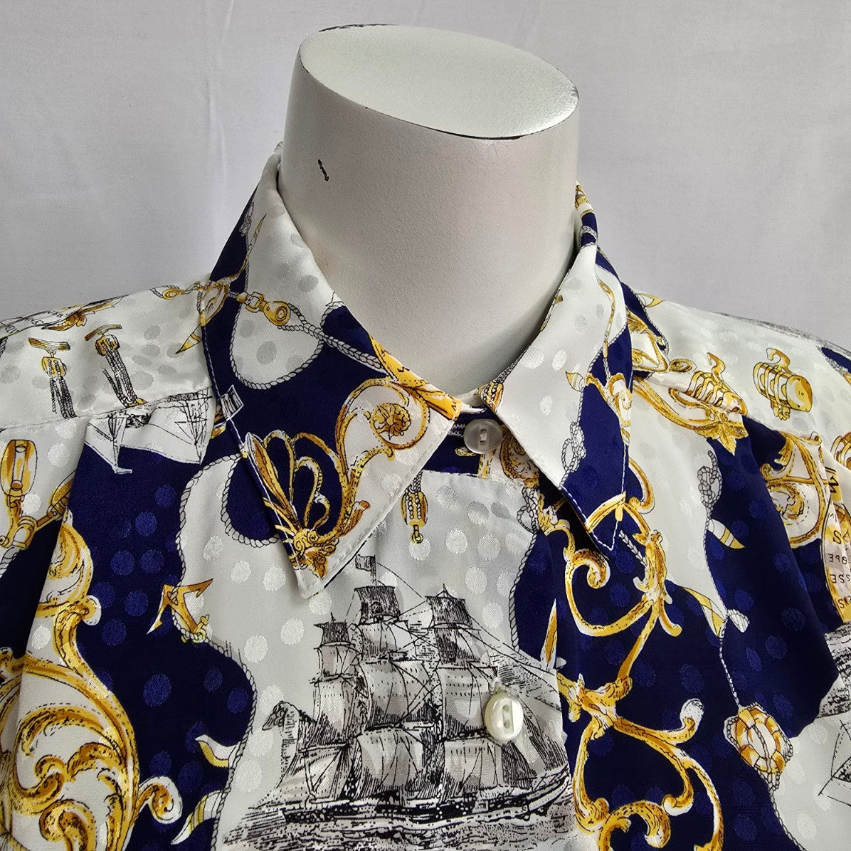 Style Rite Blouse Blue & Gold Nautical Print Button Up Blouse Size XL