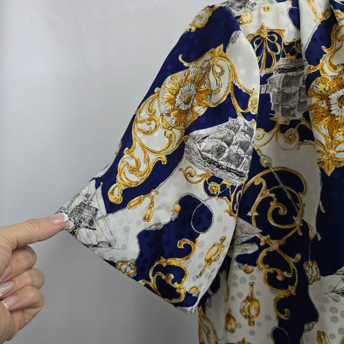 Style Rite Blouse Blue & Gold Nautical Print Button Up Blouse Size XL
