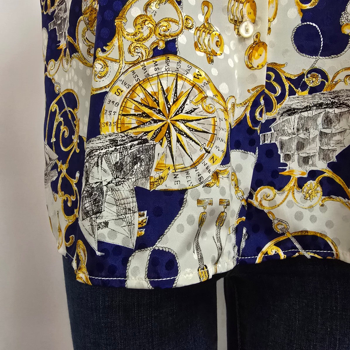 Style Rite Blouse Blue & Gold Nautical Print Button Up Blouse Size XL