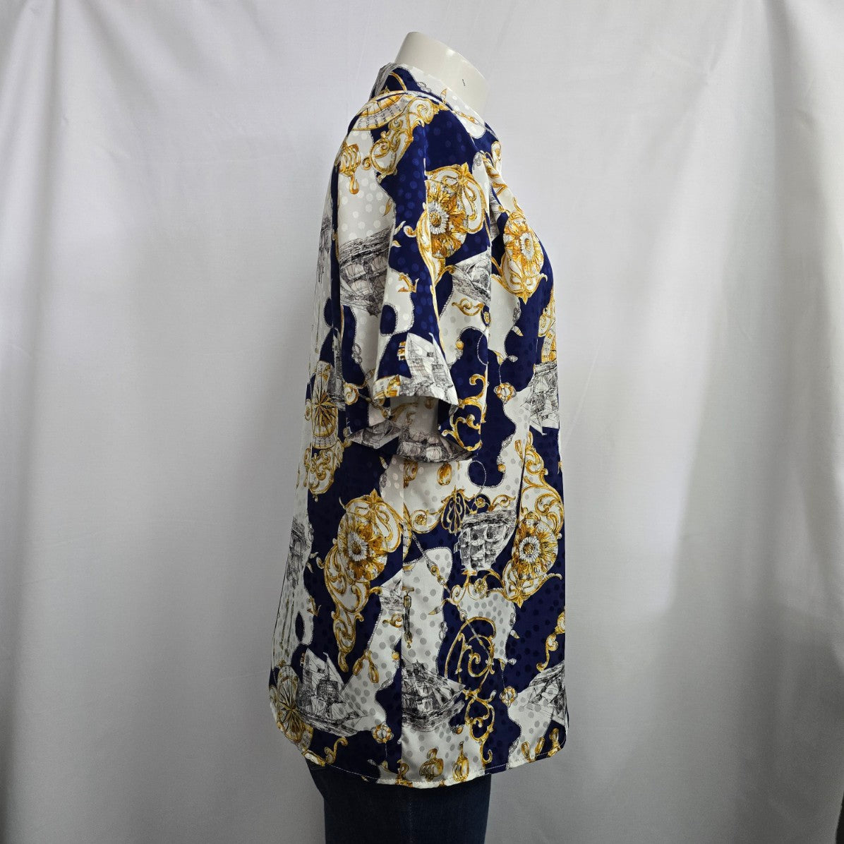 Style Rite Blouse Blue & Gold Nautical Print Button Up Blouse Size XL