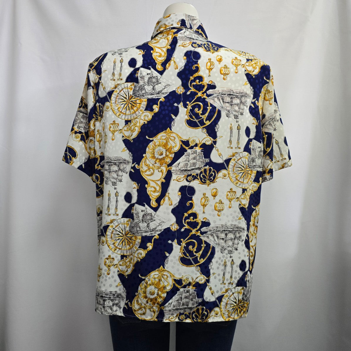 Style Rite Blouse Blue & Gold Nautical Print Button Up Blouse Size XL