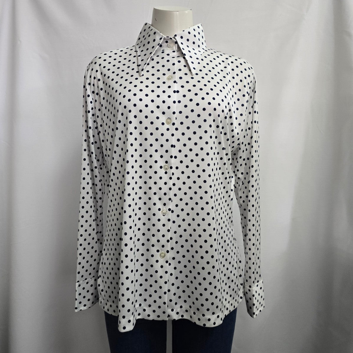Vintage 70s 3D White & Navy Polka Dot Button Up Collared Bouse Size M/L