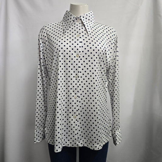 Vintage 70s 3D White & Navy Polka Dot Button Up Collared Bouse Size M/L