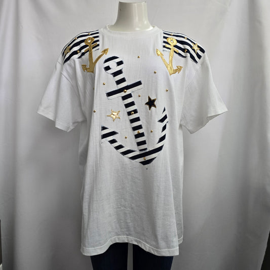 Vintage Epix White & Gold Nautical Anchor Tshirt Size XL