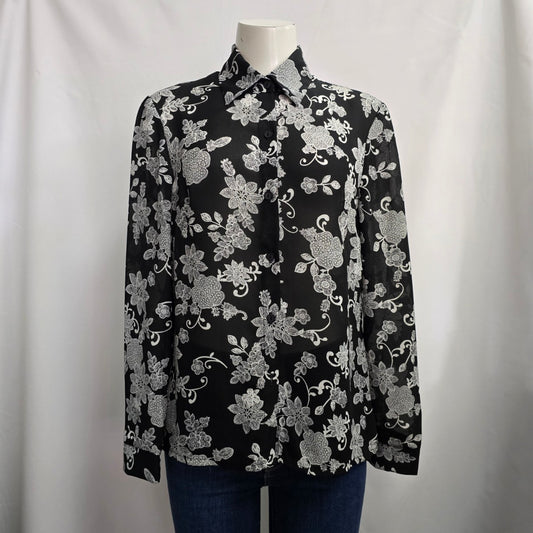 Vintage Vanity Fair Black Floral Button Up Collared Blouse Size 10