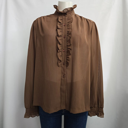 Vintage Style Rite Brown Pin Stripe Ruffle Collar Button Up Blouse Size L/XL
