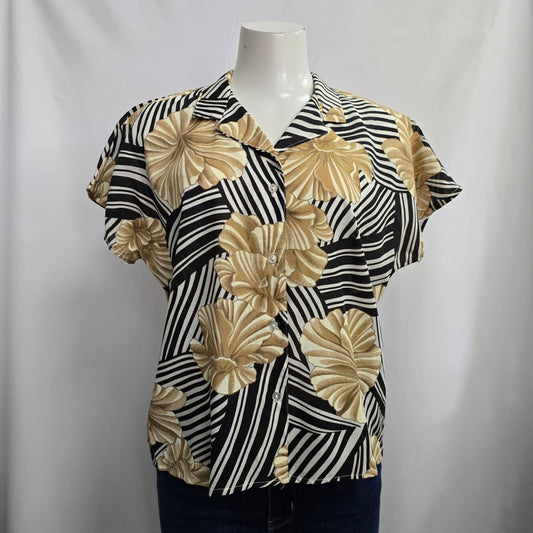 Vintage Black & Brown Tropical Print Button Up Collared Blouse Top Size L/XL