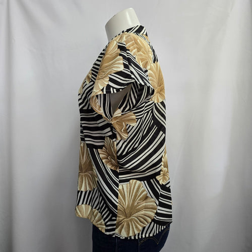 Vintage Black & Brown Tropical Print Button Up Collared Blouse Top Size L/XL