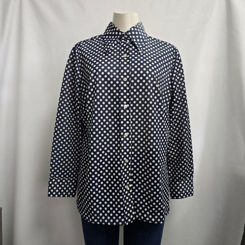 Vintage Elite Navy Blue Polka Dot Button Up Collared Blouse Size XL
