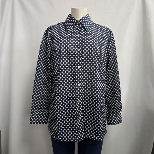 Vintage Elite Navy Blue Polka Dot Button Up Collared Blouse Size XL