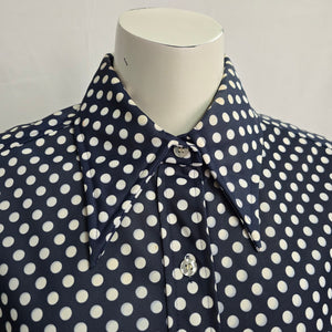 Vintage Elite Navy Blue Polka Dot Button Up Collared Blouse Size XL