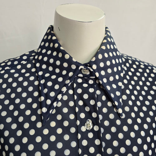 Vintage Elite Navy Blue Polka Dot Button Up Collared Blouse Size XL