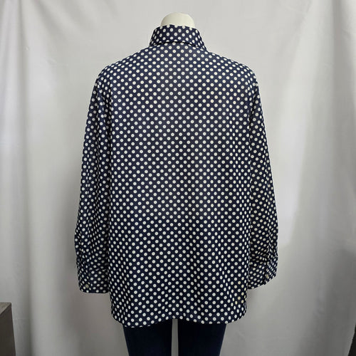 Vintage Elite Navy Blue Polka Dot Button Up Collared Blouse Size XL