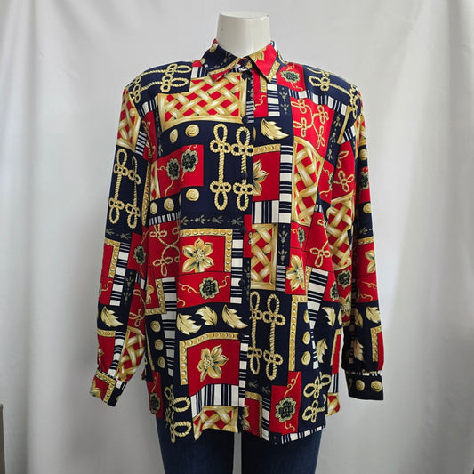 Vintage Alia Chain Print Red & Blue Button Up Blouse Size XL