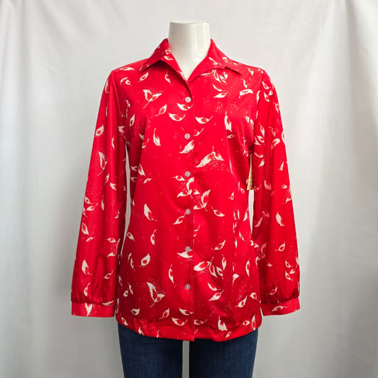 Vintage Sears Red Feather Print Button Up Collared Blouse Size L