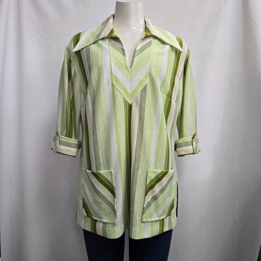 Vintage 70s Green Stripped Collared Top Size XL