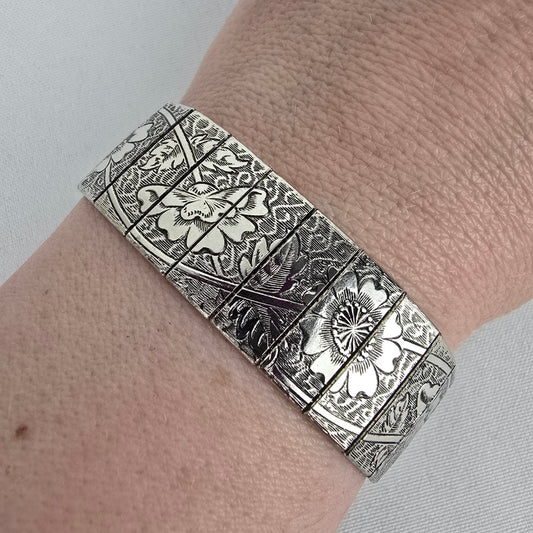Vintage Silver Floral Etched Link Bracelet
