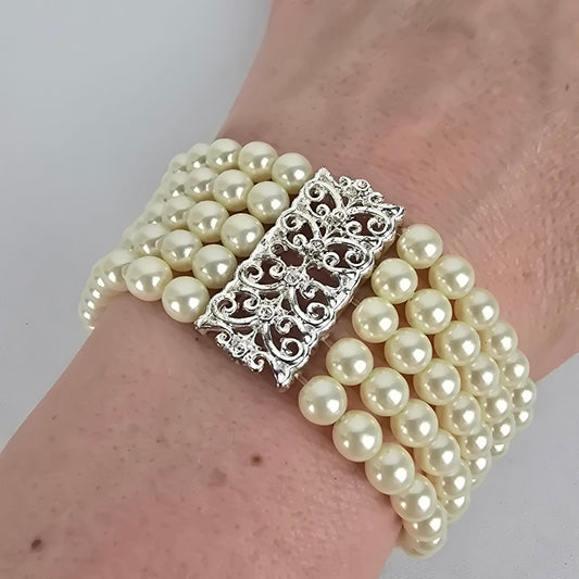 Faux Pearl Silver Rhinestone Stretch Bracelet