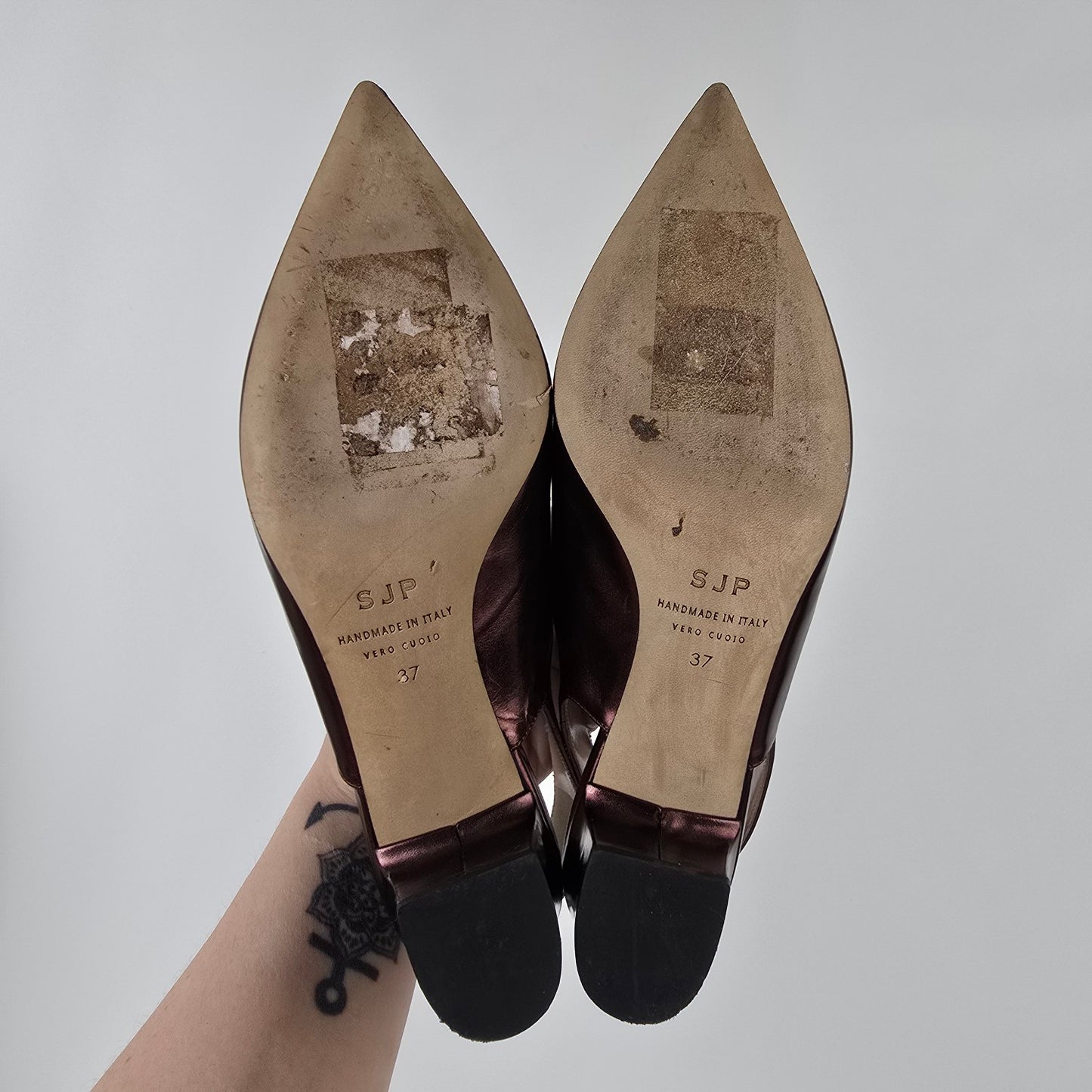 SJP Bronze Leather Pointed Toe Slink Back Low Heel Shoes Size 7