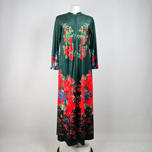 Vintage Cozy House Green Floral Velour Dress Size L