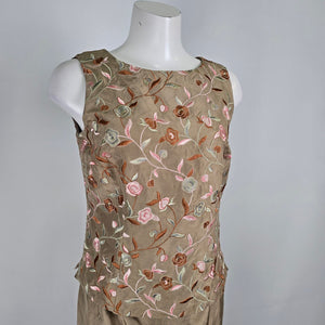 Talbots Beige Silk Embroidered Two Pc Top & Cropped Pants Size 8-10
