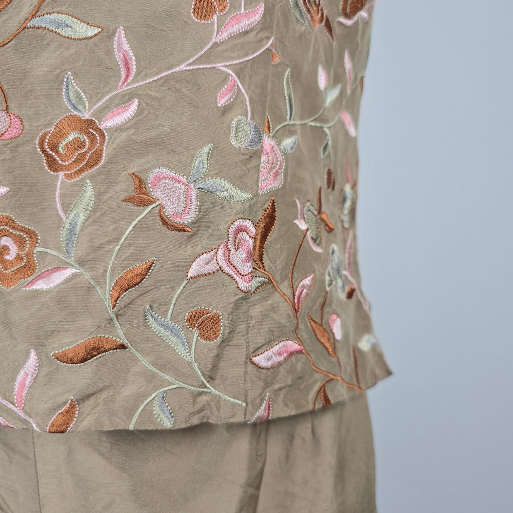 Talbots Beige Silk Embroidered Two Pc Top & Cropped Pants Size 8-10