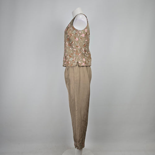 Talbots Beige Silk Embroidered Two Pc Top & Cropped Pants Size 8-10