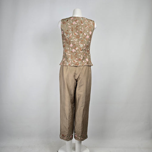 Talbots Beige Silk Embroidered Two Pc Top & Cropped Pants Size 8-10