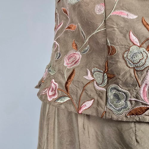 Talbots Beige Silk Embroidered Two Pc Top & Cropped Pants Size 8-10