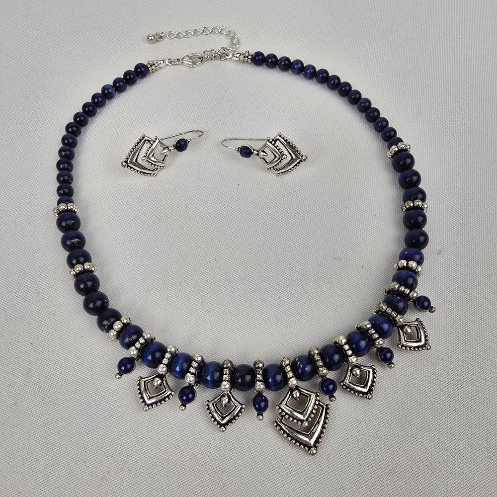 Vintage Blue Beaded Silver Necklace & Earring Set