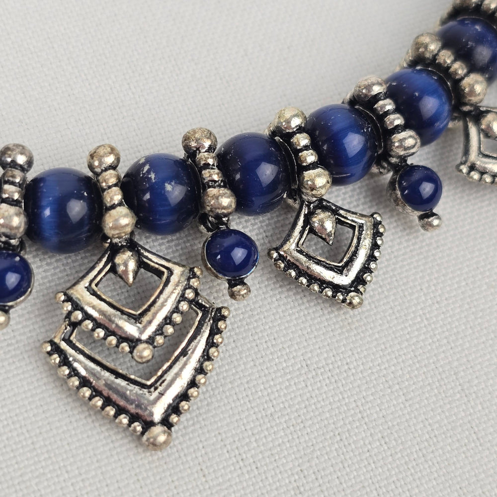 Vintage Blue Beaded Silver Necklace & Earring Set