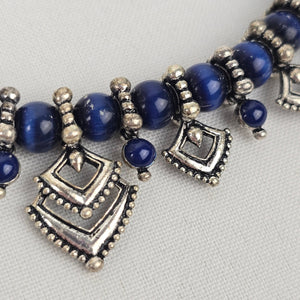 Vintage Blue Beaded Silver Necklace & Earring Set