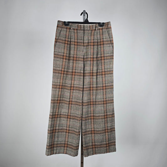 Chloe Stora Cotton Grey & Brown Plaid Wide Leg Pants Size 8