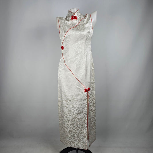 Traditional Asian Chinese Cheongsam White & Red Midi Dress Size S