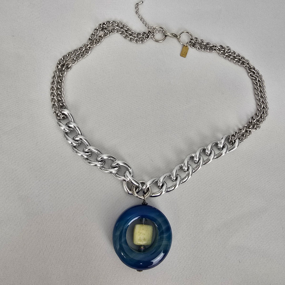 Elvira Silver Tone Chunky Chain Polished Natural Stone Pendant Necklace