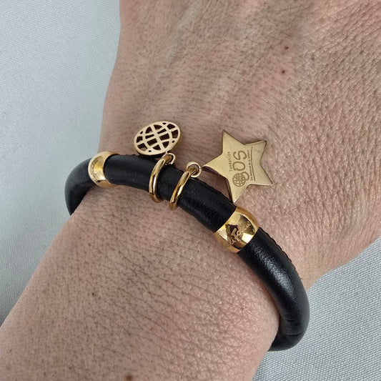 Folli Follie Rose Gold Plated Heart Black Leather Bracelet