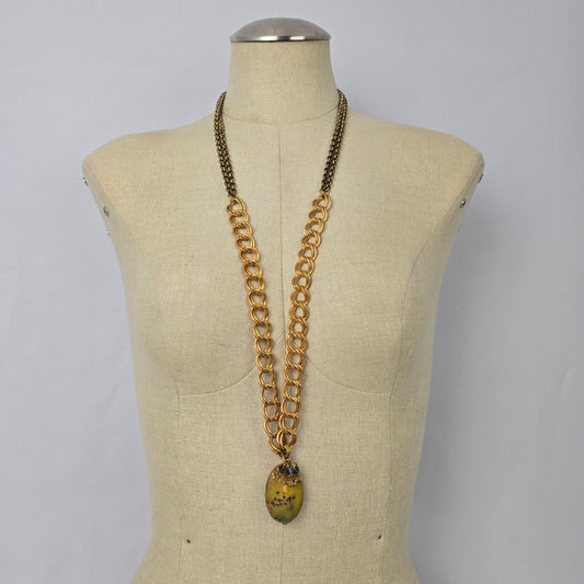 Elvira Gold Chunky Chain Green Polished Stone Pendant Long Necklace