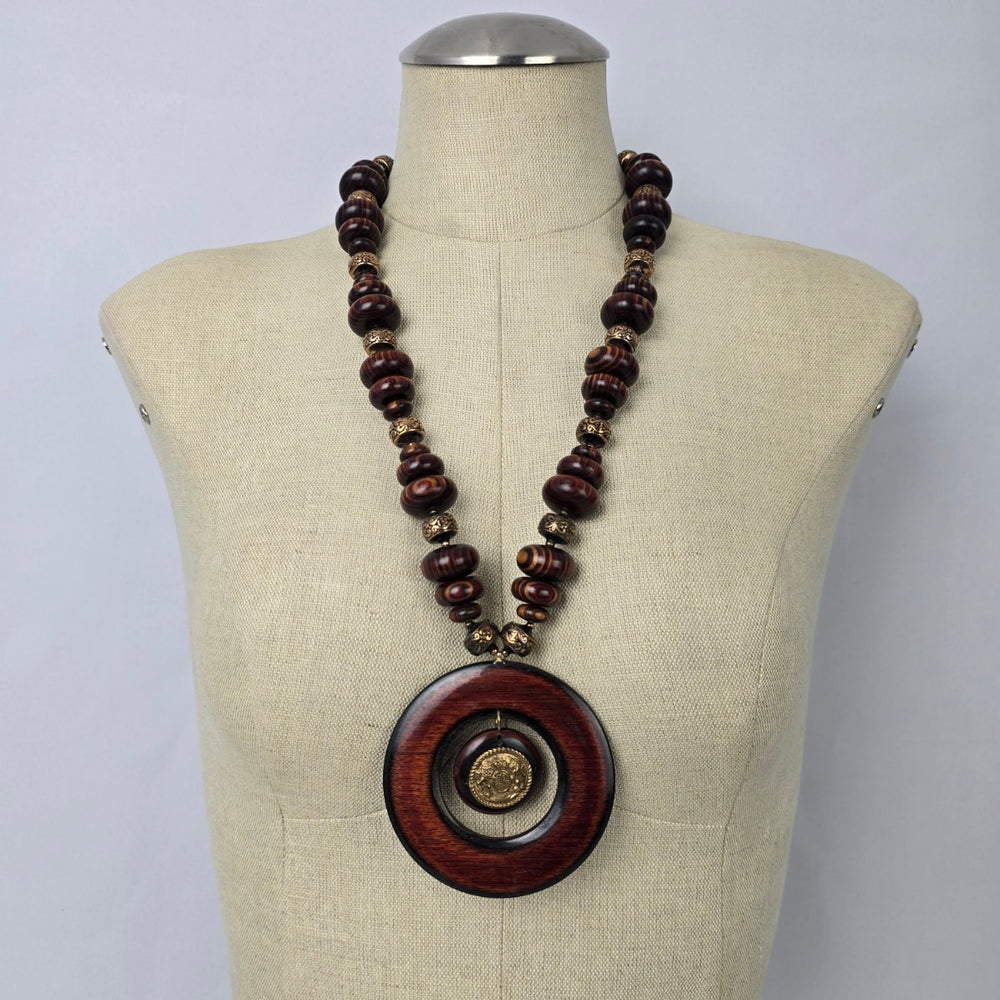 Vintage Brown Wood Oversize Pendant Beaded Long Necklace