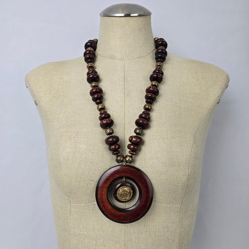 Vintage Brown Wood Oversize Pendant Beaded Long Necklace