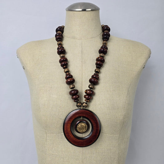 Vintage Brown Wood Oversize Pendant Beaded Long Necklace