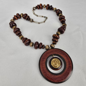 Vintage Brown Wood Oversize Pendant Beaded Long Necklace