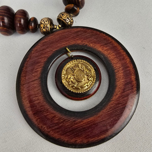Vintage Brown Wood Oversize Pendant Beaded Long Necklace