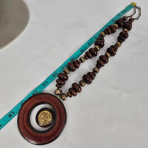 Vintage Brown Wood Oversize Pendant Beaded Long Necklace
