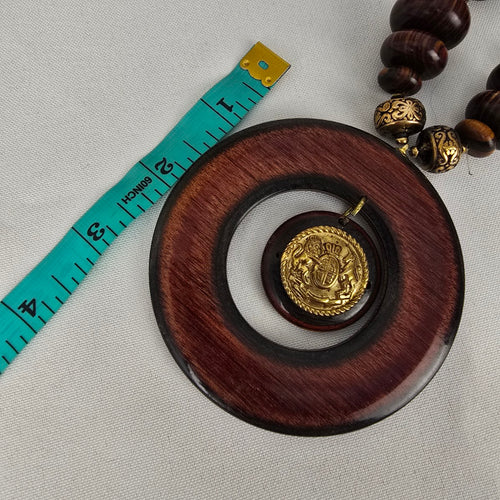 Vintage Brown Wood Oversize Pendant Beaded Long Necklace