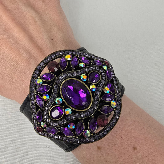 Purple Rhinestone Black Vegan Leather Cuff Bracelet