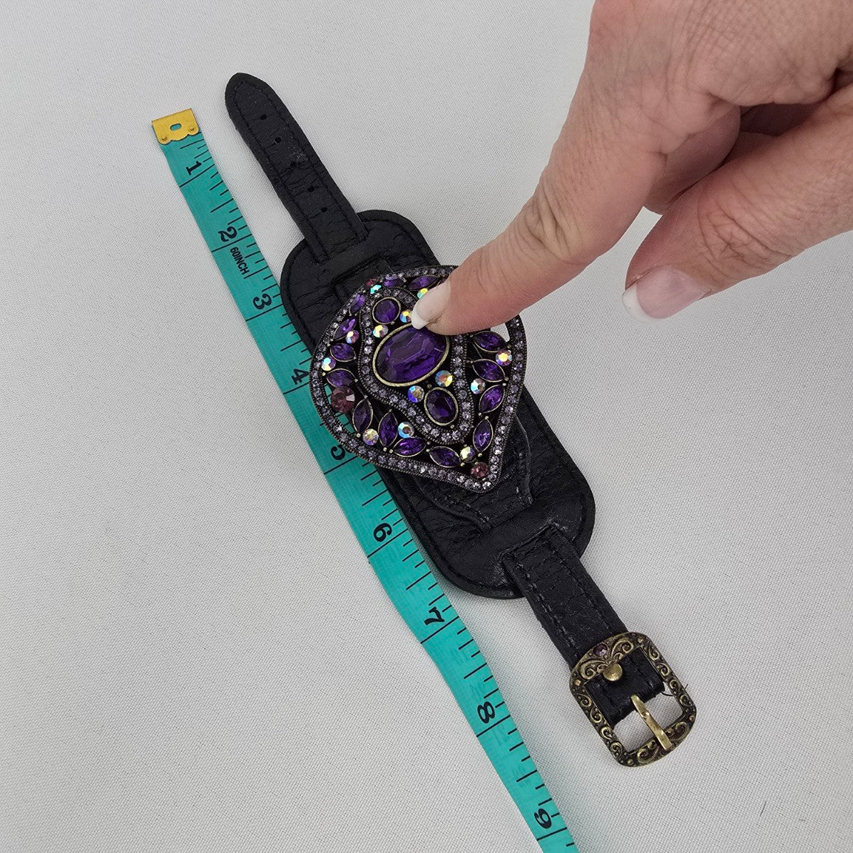 Purple Rhinestone Black Vegan Leather Cuff Bracelet