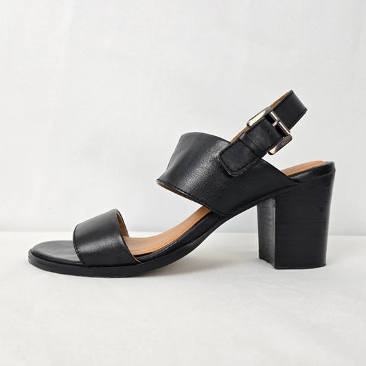 Oker Black Leather Strappy Block Heel Sandals Size 9