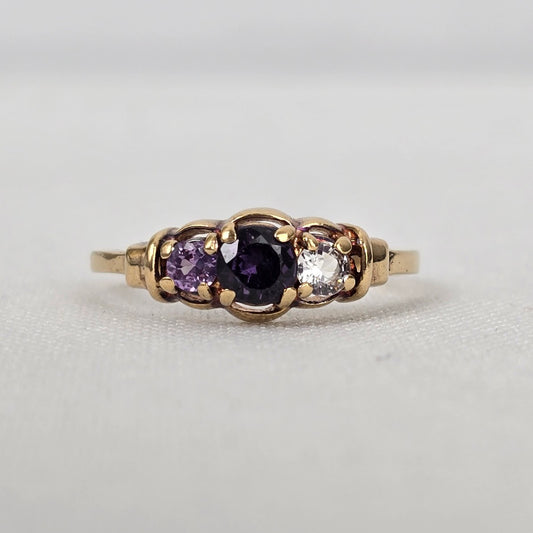 10K Amethyst 3 Gem Stone Ring Size 8