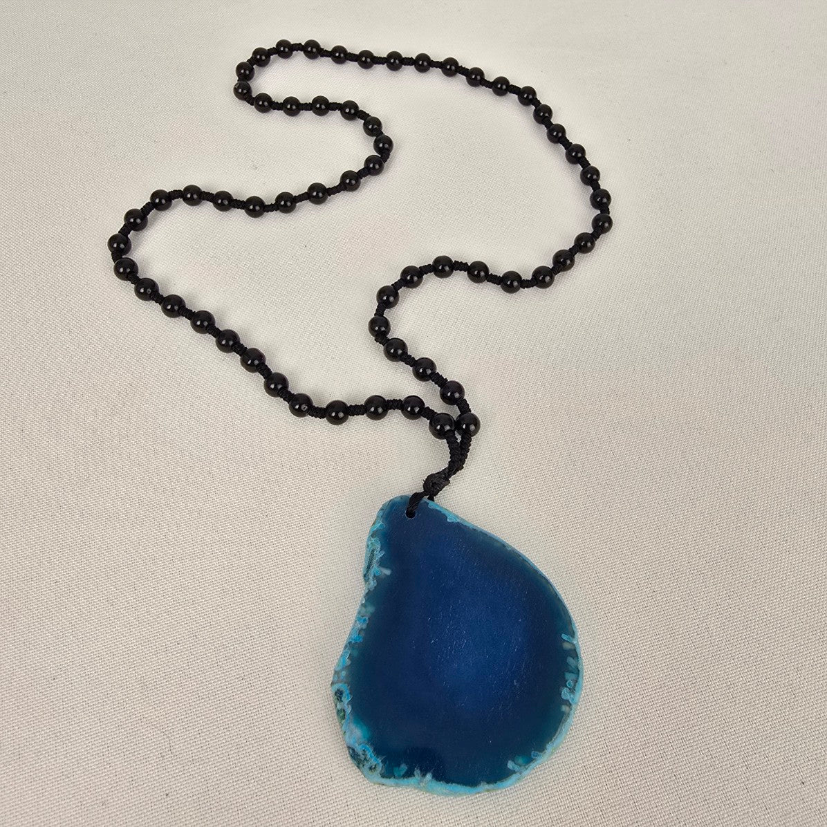 Blue Agate Geode Pendant Black Beaded Long Necklace