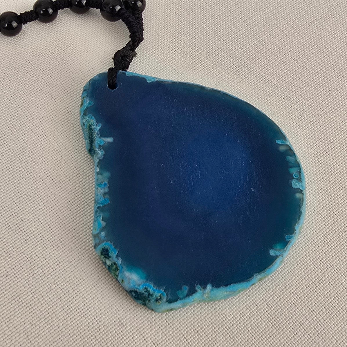 Blue Agate Geode Pendant Black Beaded Long Necklace